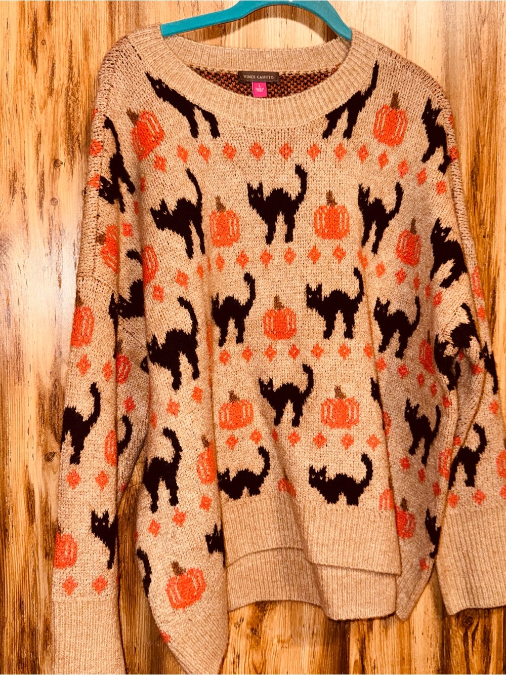 Vince Camuto Beige Sweater with Black Cat & Orange Pumpkin Motif